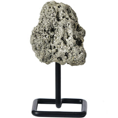 JIC Gem pyrite crystal on stand, front view highlighting focus and abundance energy.