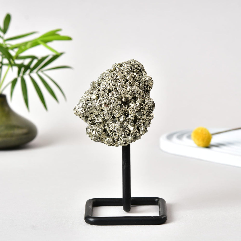 JIC Gem natural pyrite cluster on stand, authentic crystal centerpiece.