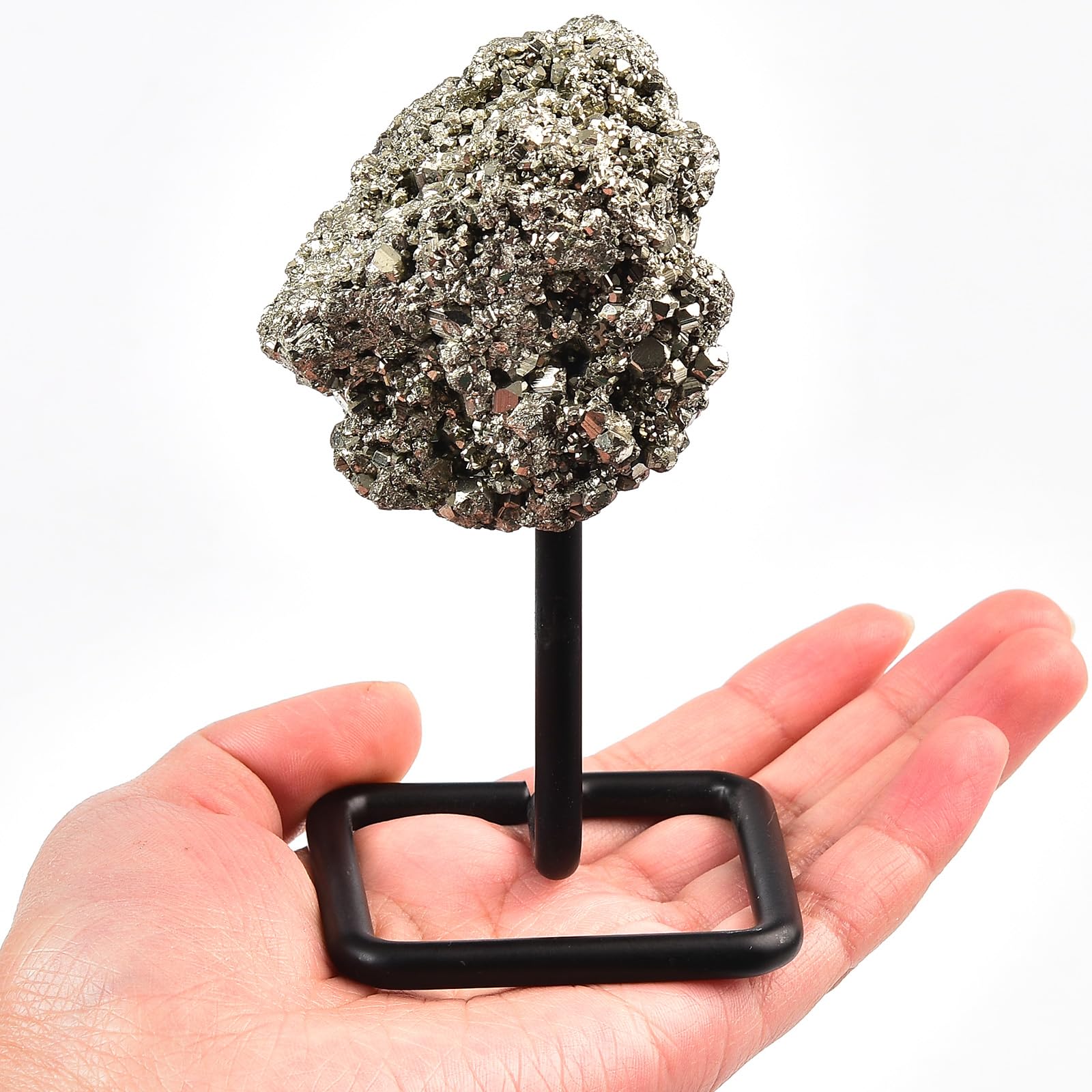 JIC Gem pyrite crystal on stand, side view for elegant desk decor.