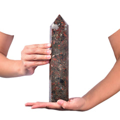 JIC Gem red agate obelisk tower side view complements chakra work and energy calm.