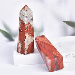 JIC Gem Red Jasper Crystal Tower close-up reveals natural texture for appreciation.