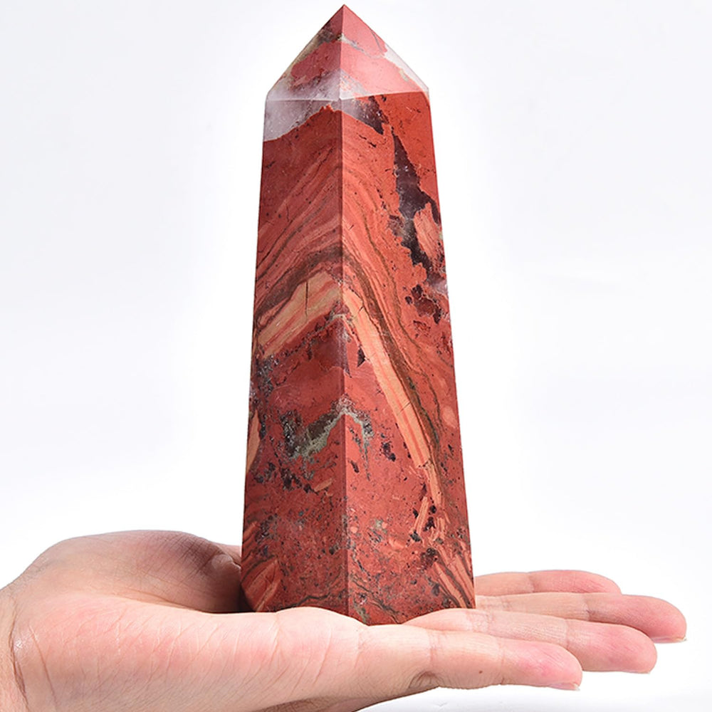 JIC Gem Red Jasper Crystal Tower front view, grounding centerpiece for calm spaces.