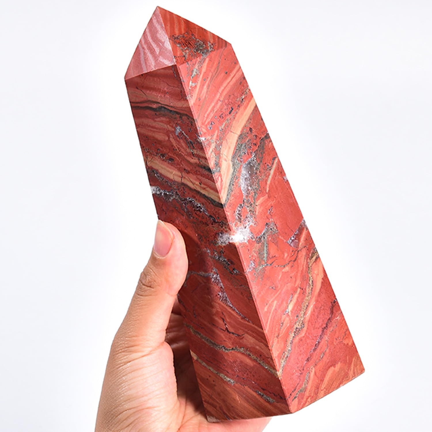 JIC Gem red jasper tower closeup facets, four facets guide energy direction.