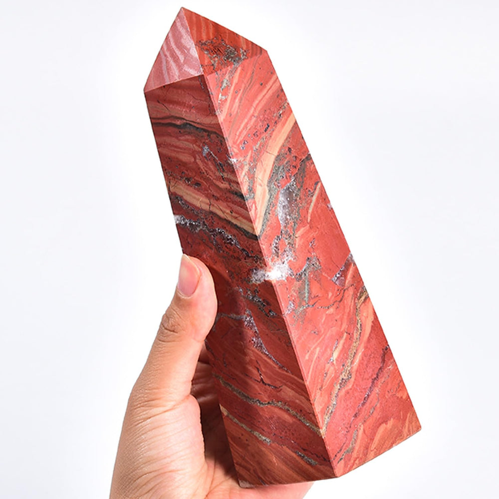 JIC Gem red jasper tower closeup facets, four facets guide energy direction.