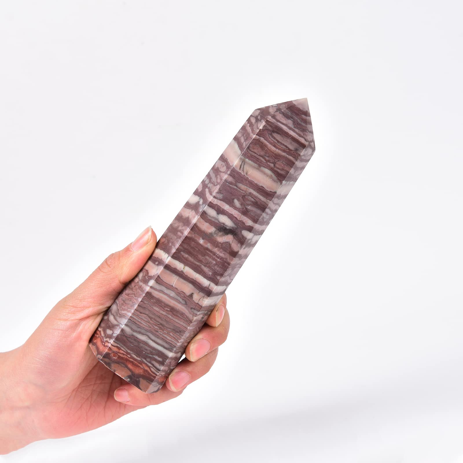 JIC Gem Red Zebra Jasper obelisk wand with six facets for focused energy and meditation.