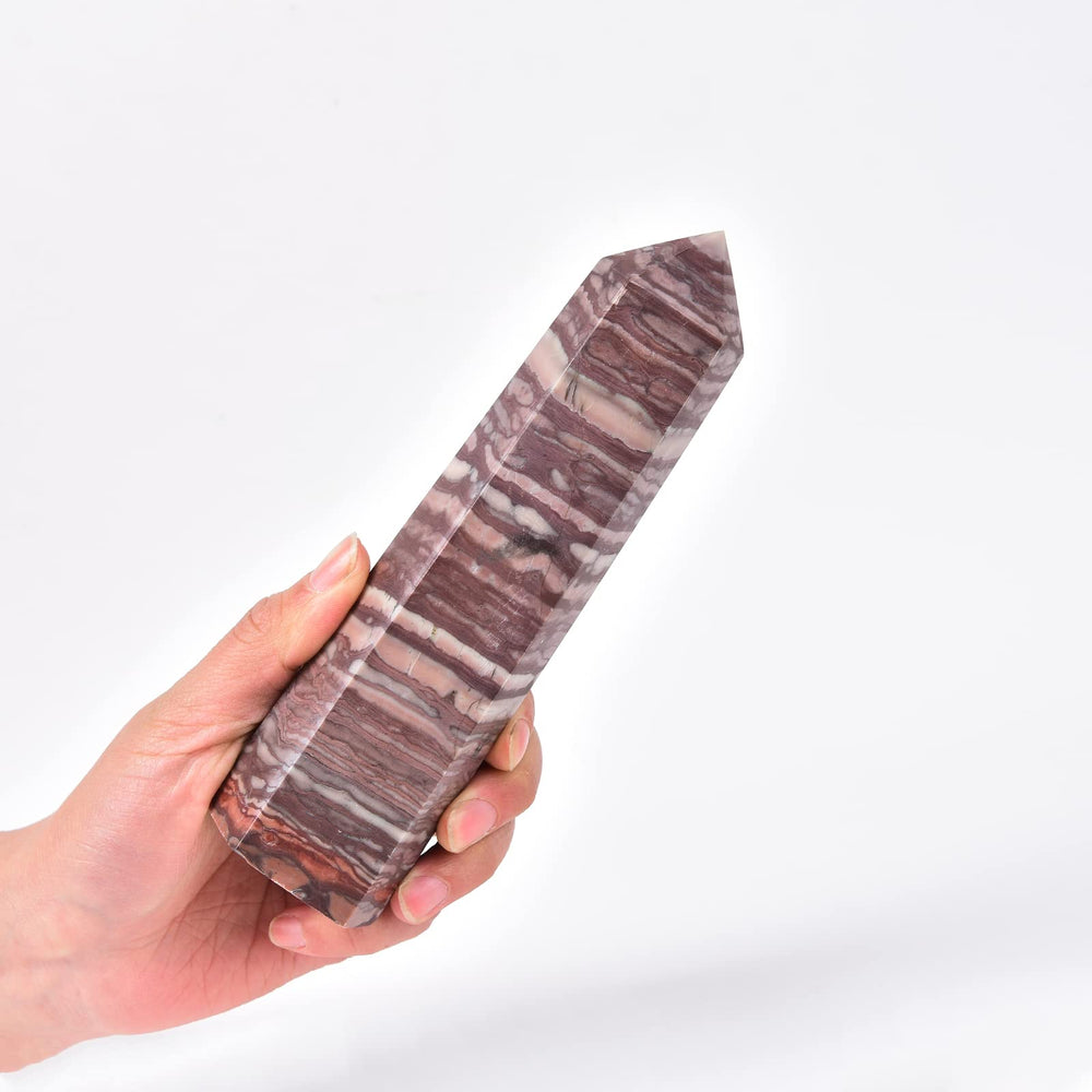 JIC Gem Red Zebra Jasper obelisk wand with six facets for focused energy and meditation.