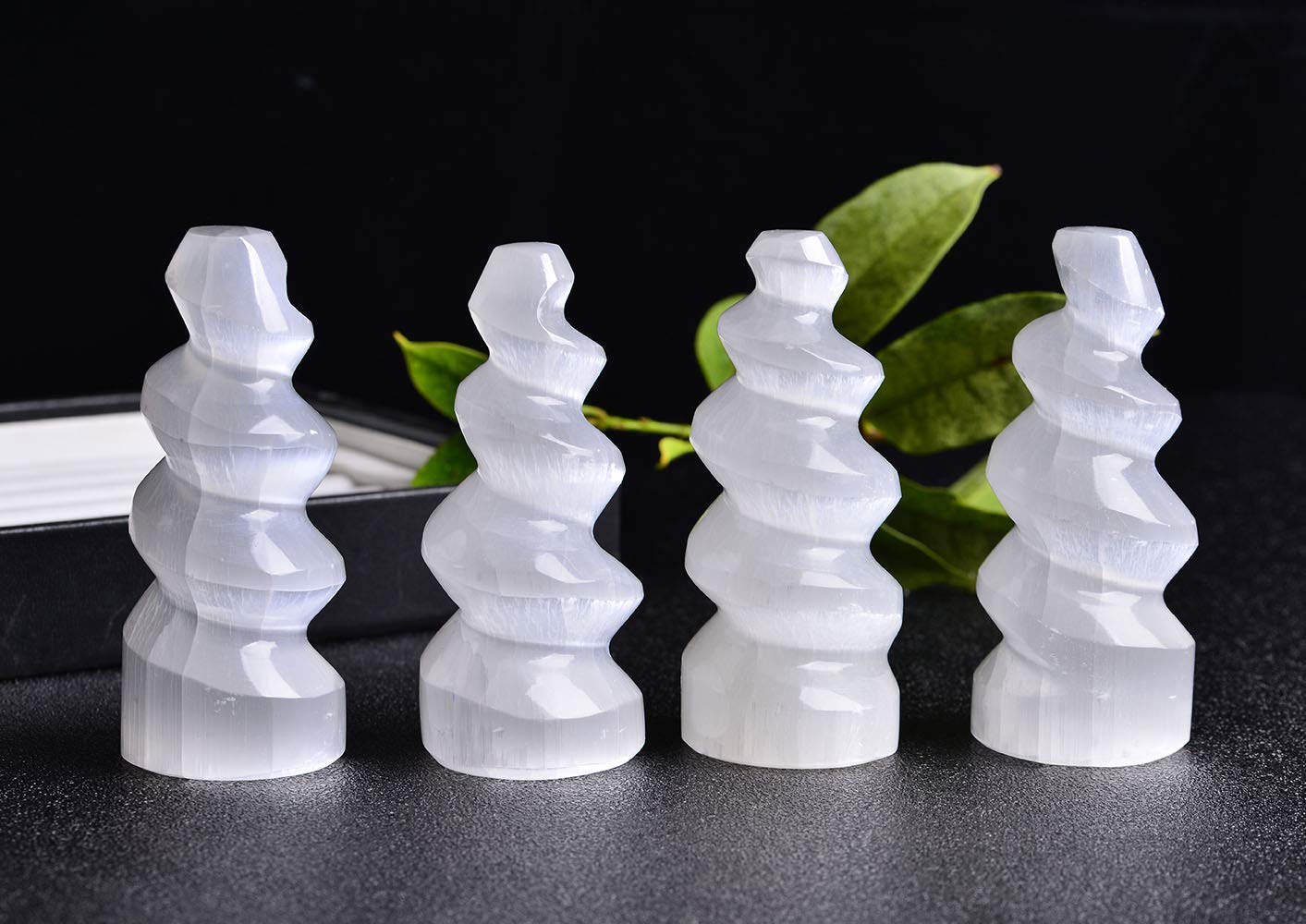 JIC Gem selenite tower spiral 4in creates serene focus during work or yoga