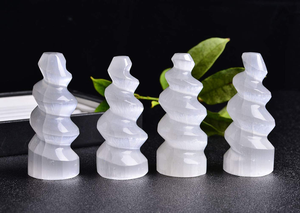 JIC Gem selenite tower spiral 4in creates serene focus during work or yoga