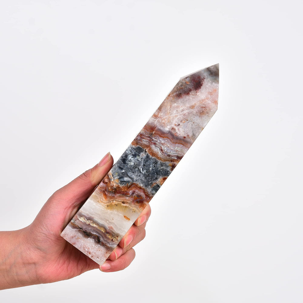 JIC Gem striped agate tower supports energy transmutation during Reiki, grids, or ritual work.