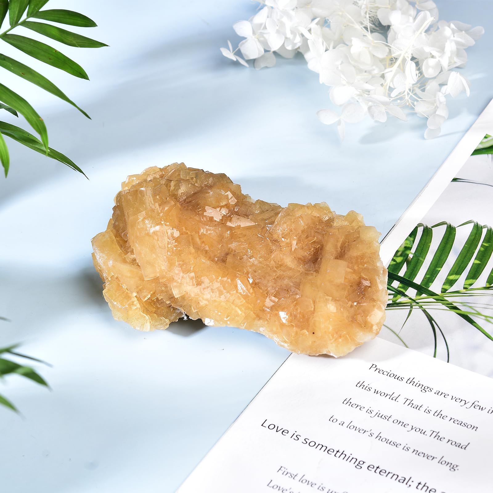 JIC Gem table display-ready yellow calcite quartz geode, ideal centerpiece for mindful spaces