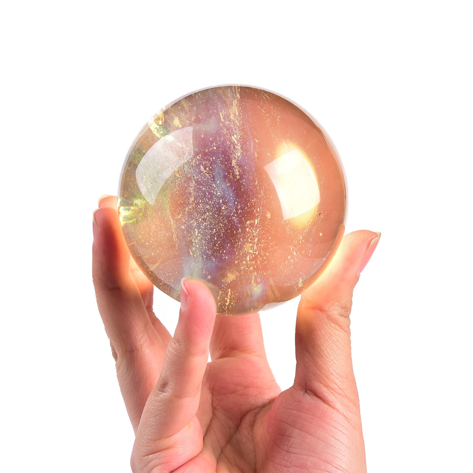 JIC Gem yellow quartz ball on wood stand ready for meditation decor