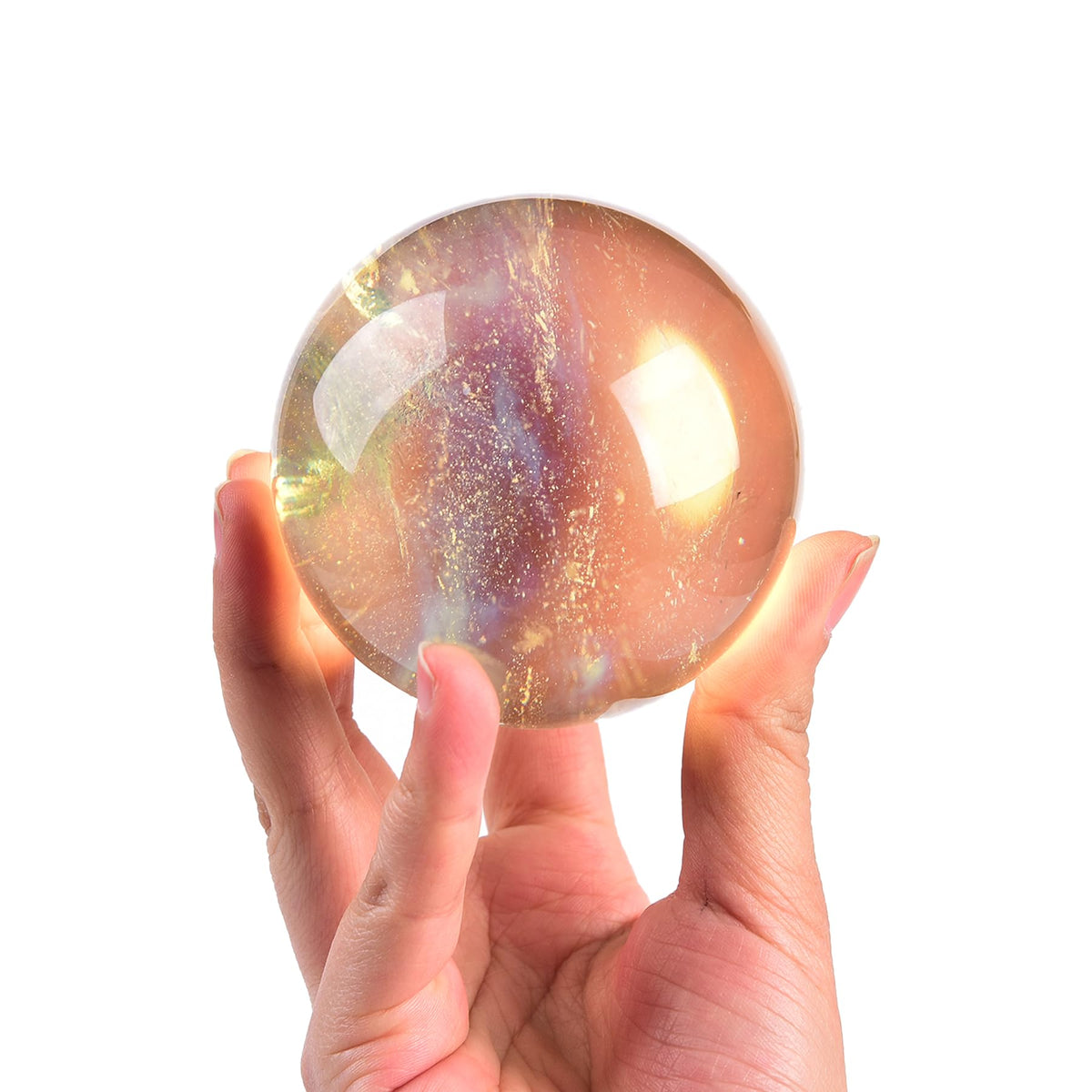 JIC Gem yellow quartz ball on wood stand ready for meditation decor