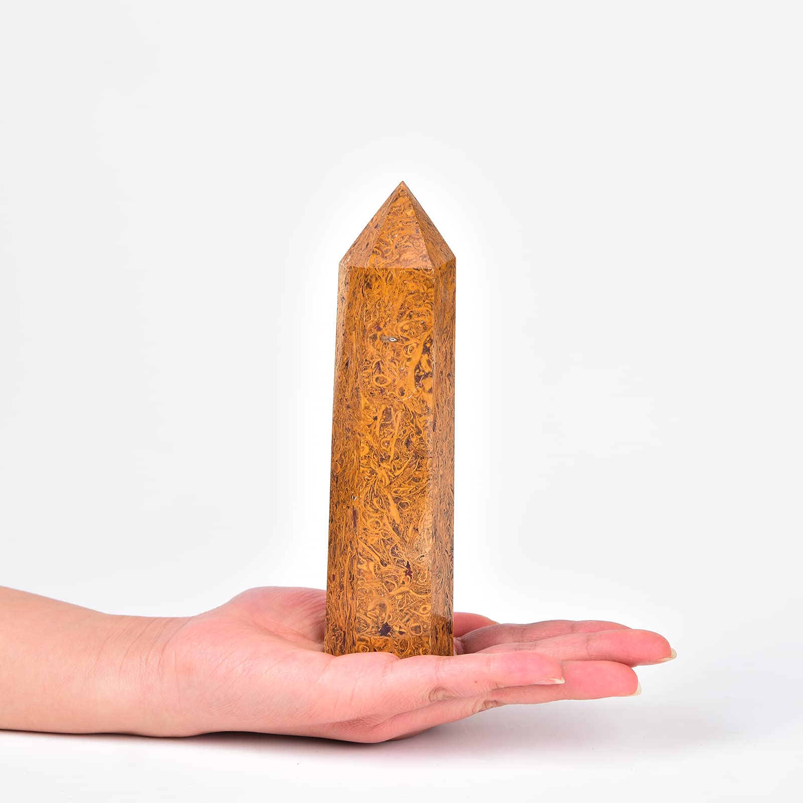 JIC Gem Golden Silk Jade obelisk wand for meditation and energy focus.
