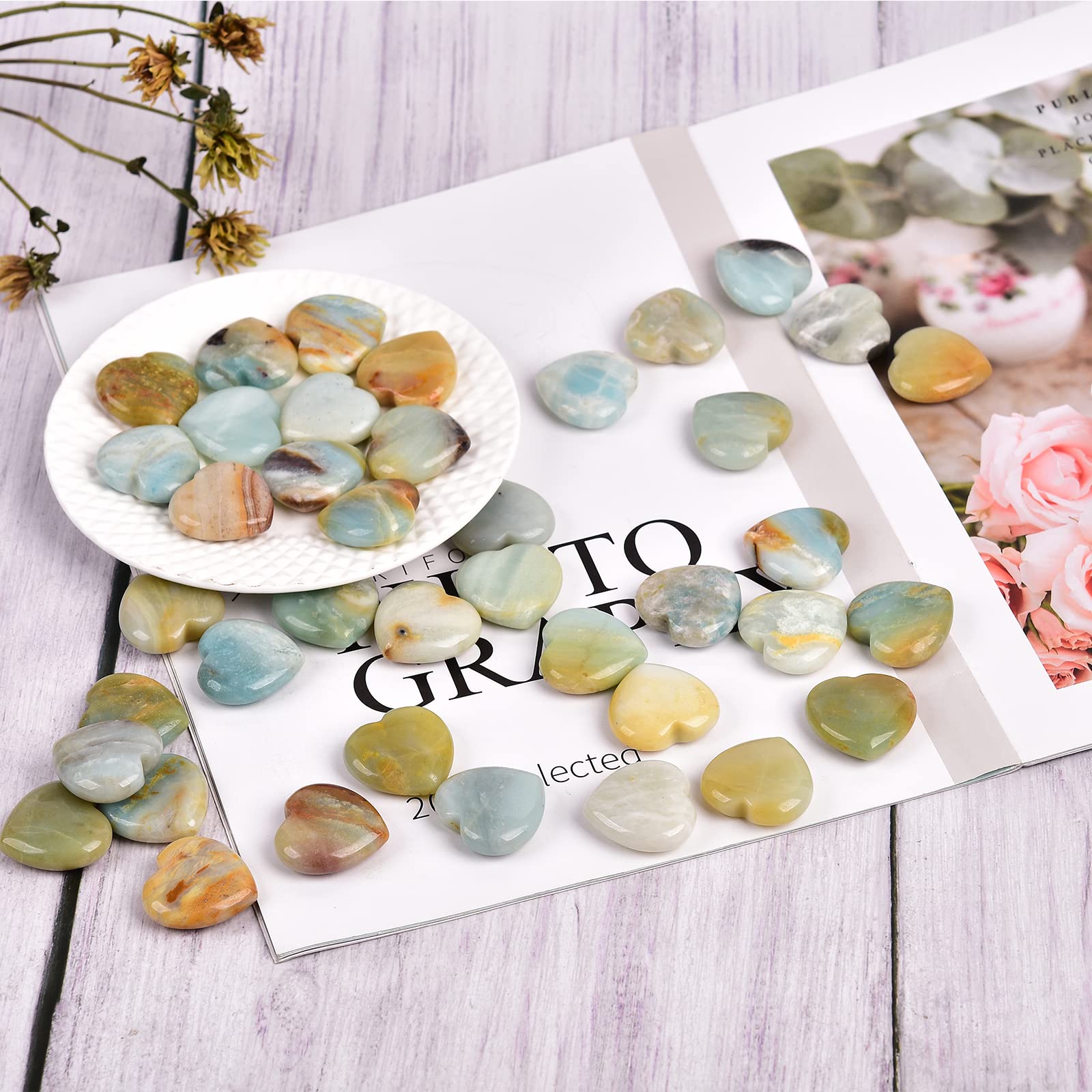 Calm, tactile relaxation with JIC Gem amazonite heart stones during meditation.