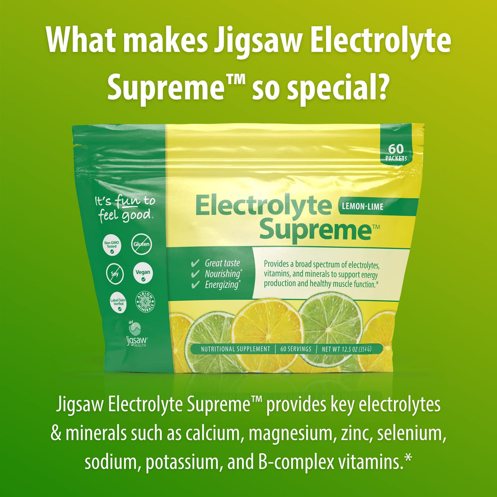 Jigsaw Electrolyte Supreme bottle with label emphasizing full spectrum minerals.