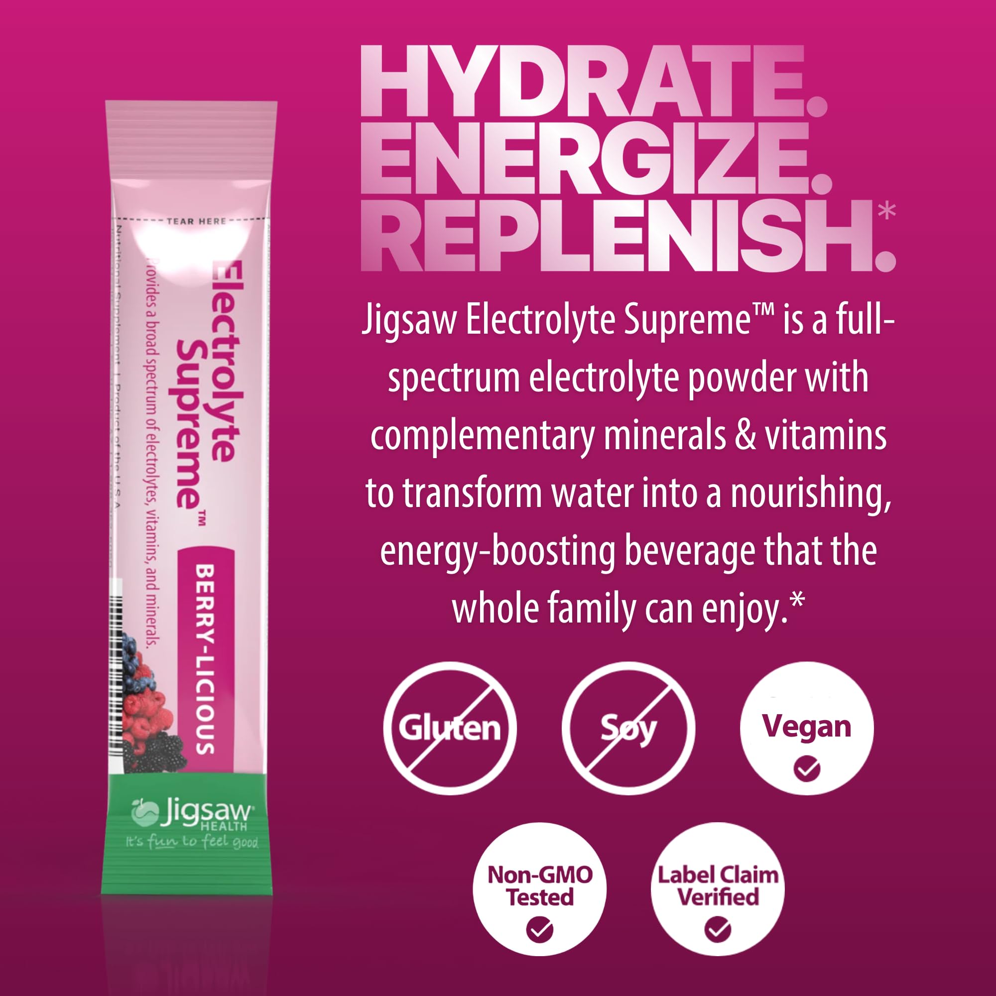 Jigsaw Electrolyte Supreme glass poured with refreshing berry drink