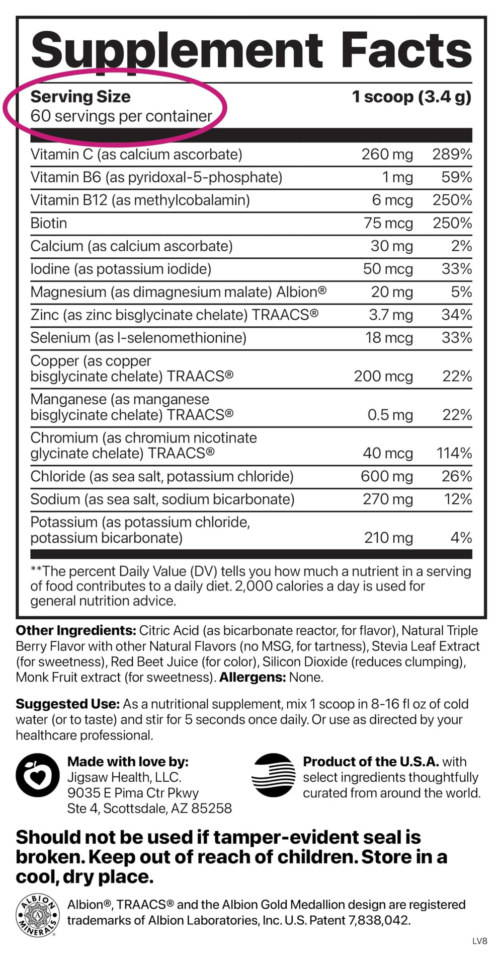 Close-up of Jigsaw Electrolyte Supreme Berry-Licious label showing ingredients