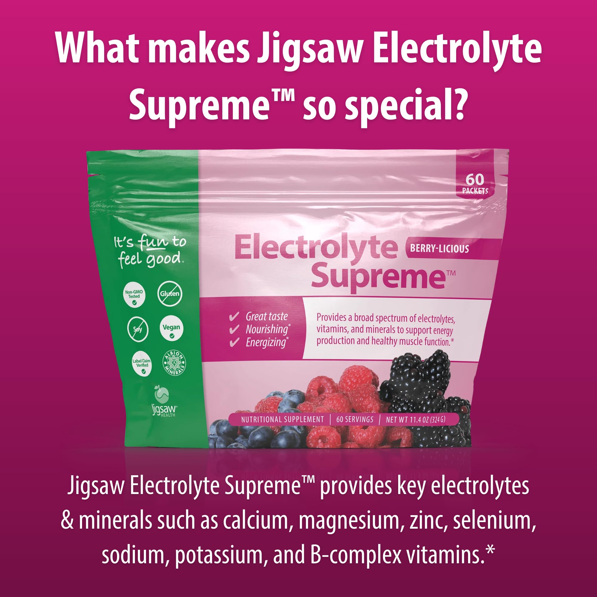 Jigsaw Electrolyte Supreme label packaging highlights full-spectrum minerals