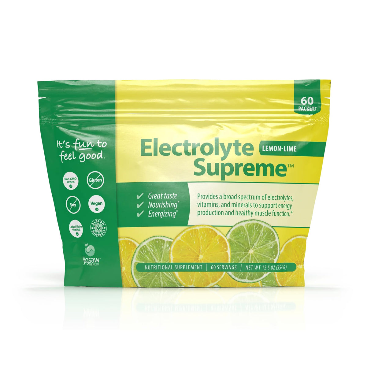 Jigsaw Electrolyte Supreme Lemon-Lime sachet close-up for hydration on the go.