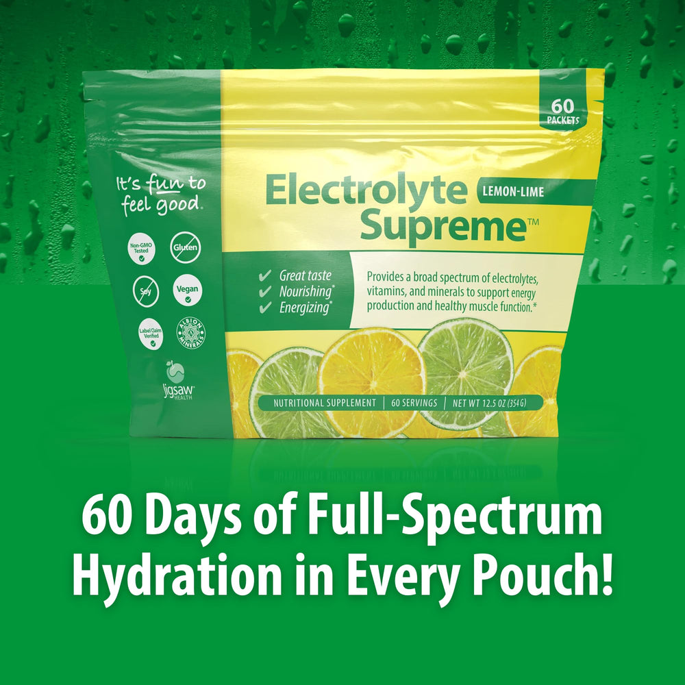 Jigsaw Electrolyte Supreme prepared drink in a glass highlighting refreshing lemon-lime flavor.