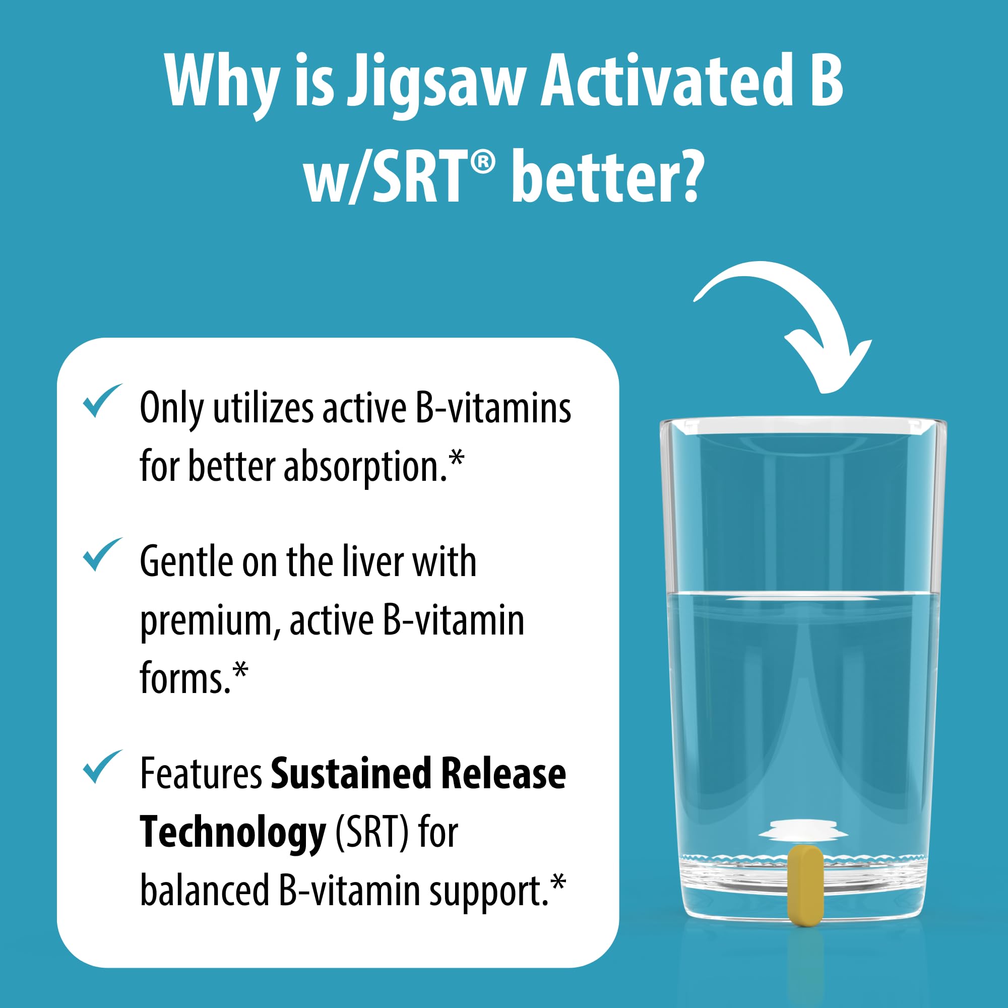 Jigsaw Health Activated B w/SRT bottle top focused on easy use.