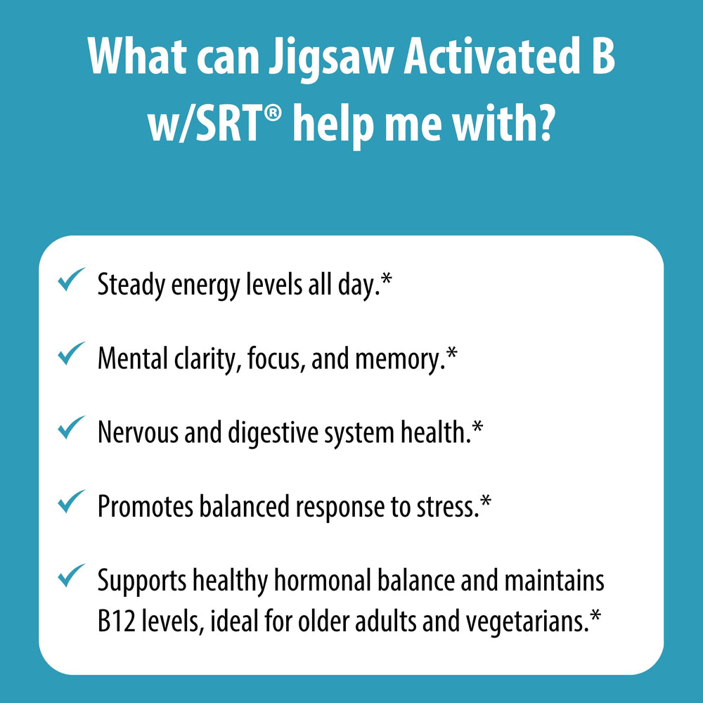 Jigsaw Health Activated B w/SRT bottle in hand for daily wellness.