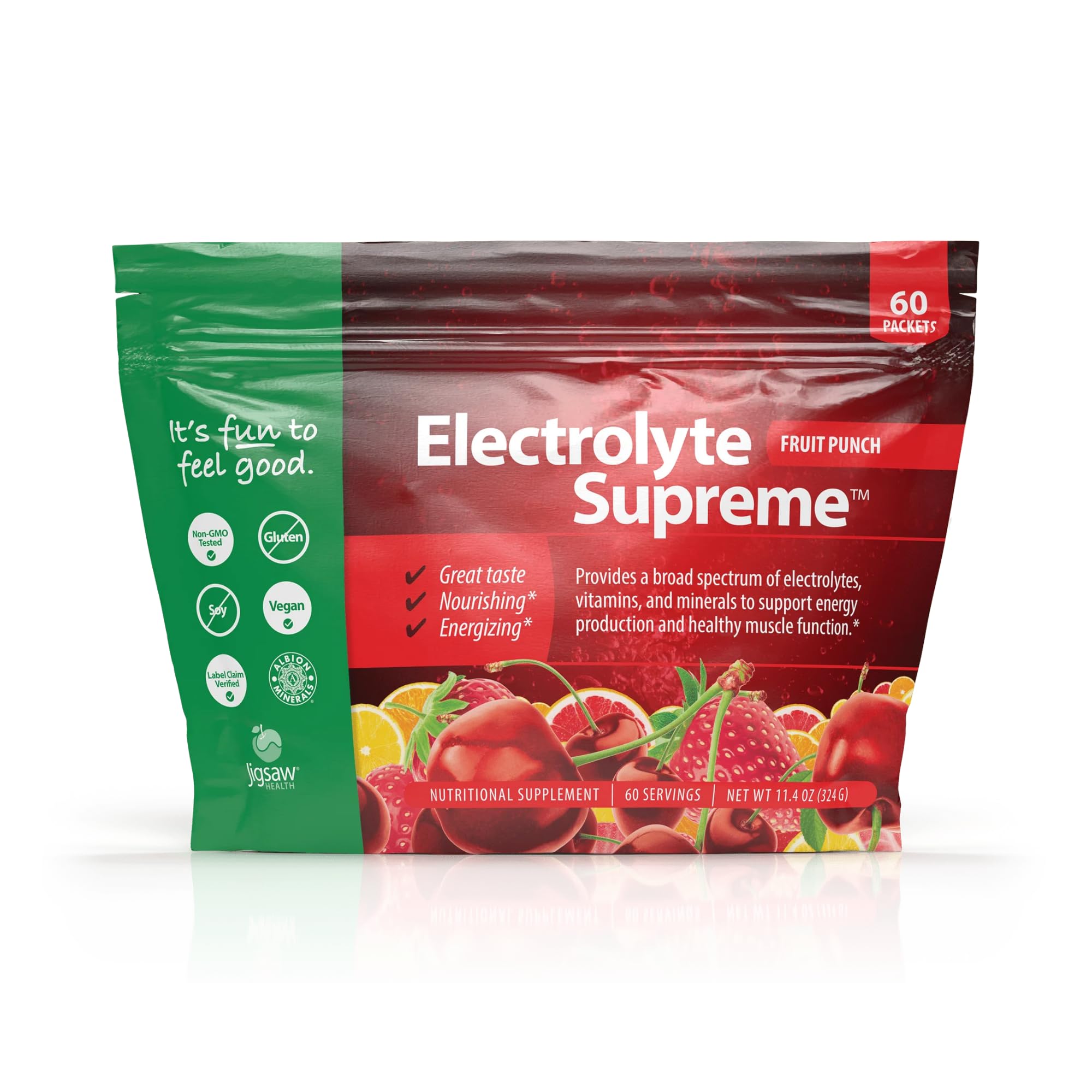 Jigsaw Health Electrolyte Supreme fruit punch bag front view for hydration on the go