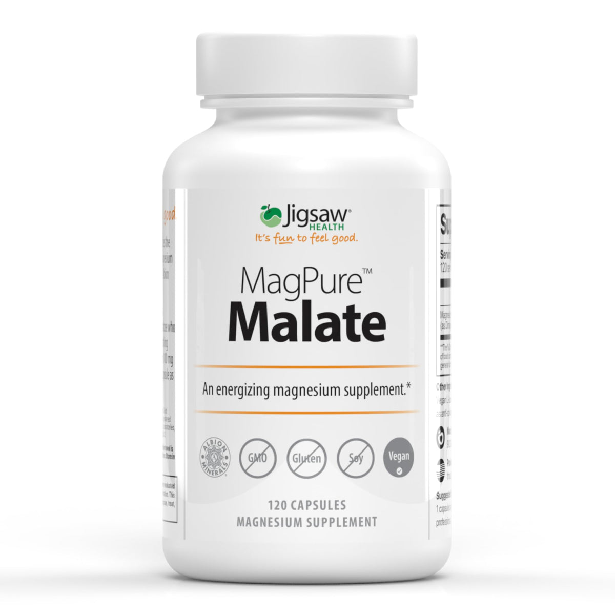 Jigsaw Health MagPure Malate bottle on a clean surface for daily magnesium support.