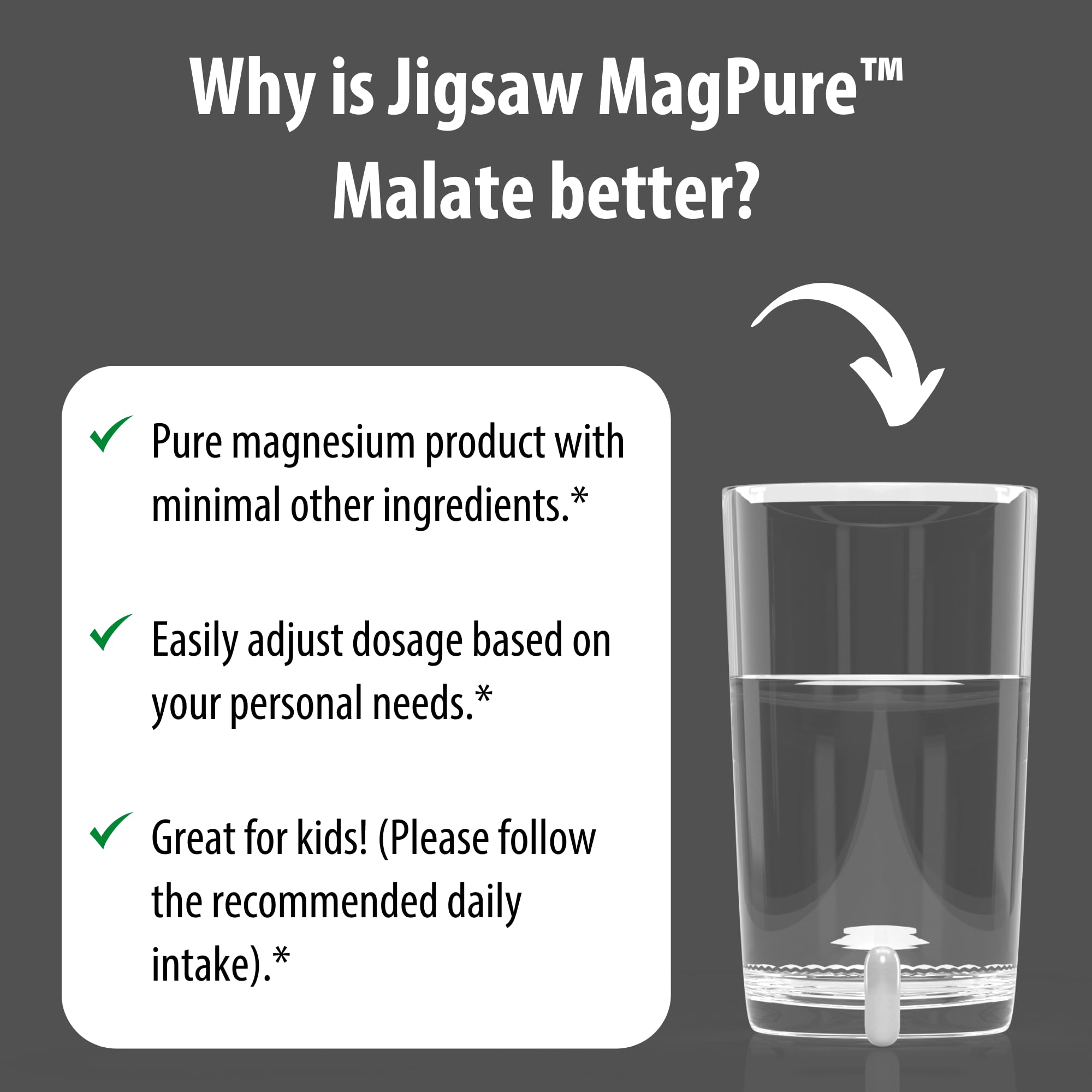 Poured MagPure Malate capsules for consistent daily intake.