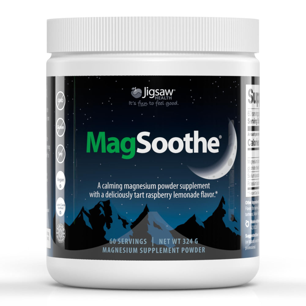 Jigsaw Health MagSoothe raspberry lemonade bottle showcases calming magnesium powder for restful evenings.