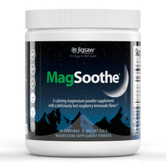 Jigsaw Health MagSoothe raspberry lemonade bottle showcases calming magnesium powder for restful evenings.