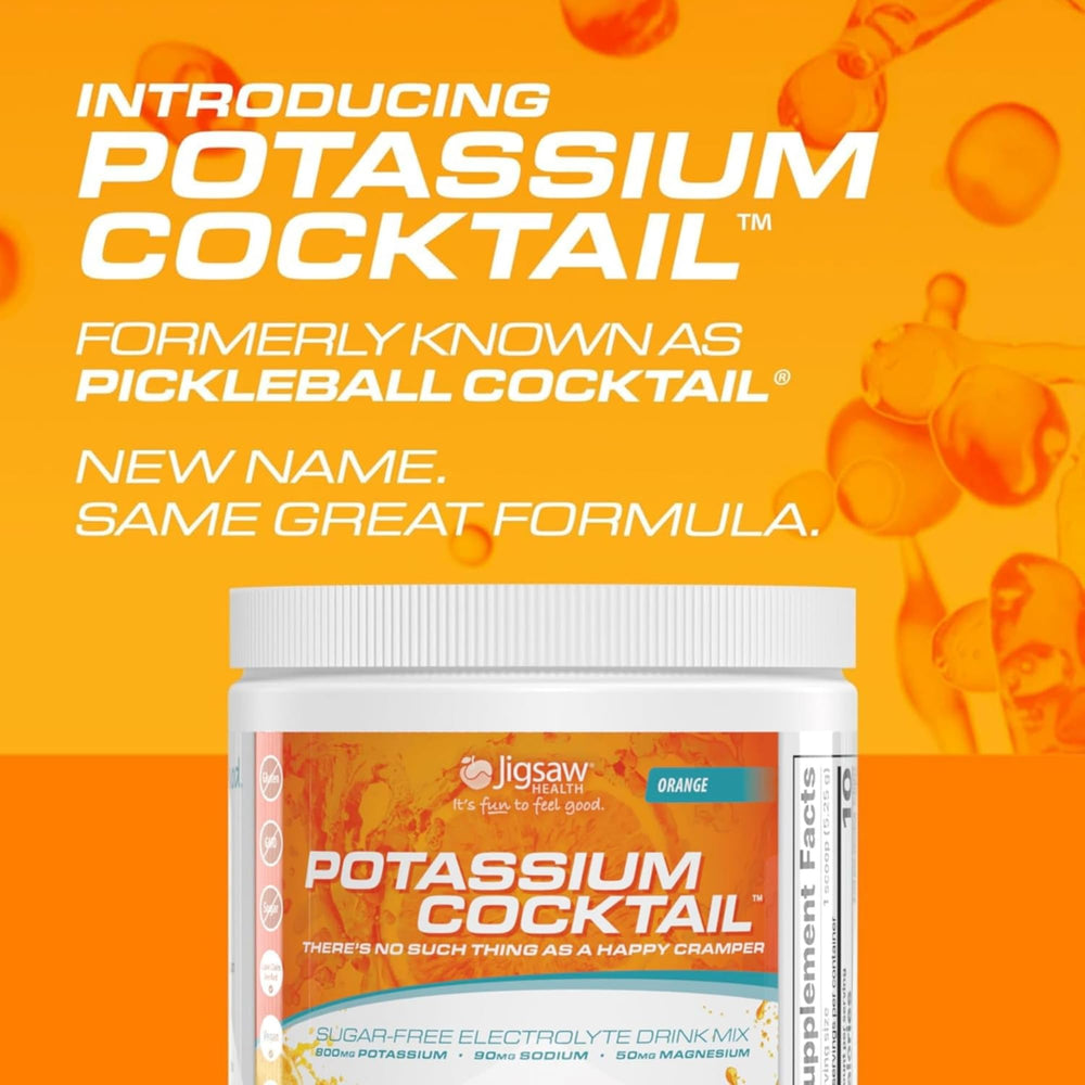 Close-up of Jigsaw Health Potassium Cocktail label highlighting orange flavor and potassium content