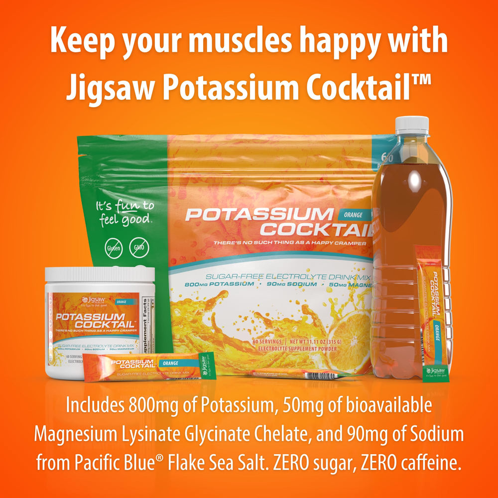 Jigsaw Health Potassium Cocktail orange beverage served in glass for workouts