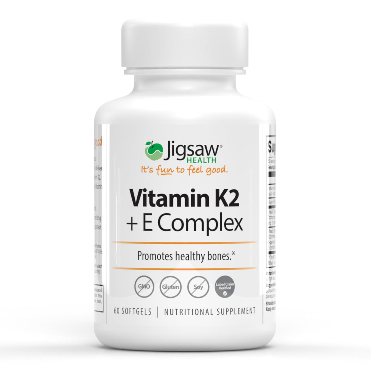 Jigsaw Health Vitamin K2 + E Complex bottle front, supporting daily bone health.