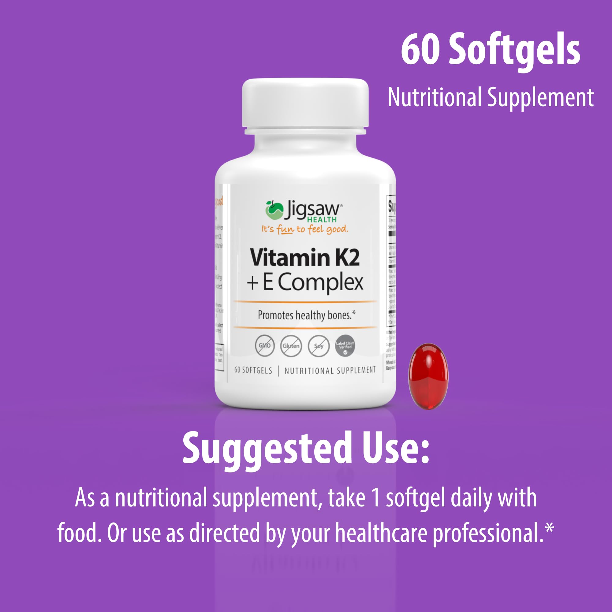 Jigsaw Health Vitamin K2 + E Complex bottle on shelf; trusted daily wellness option.