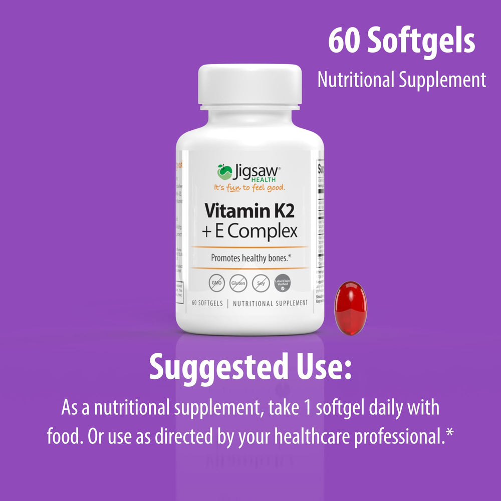 Jigsaw Health Vitamin K2 + E Complex bottle on shelf; trusted daily wellness option.