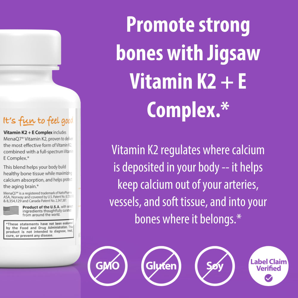 Jigsaw Health Vitamin K2 + E Complex bottle pour, convenient dosage during daily routine.