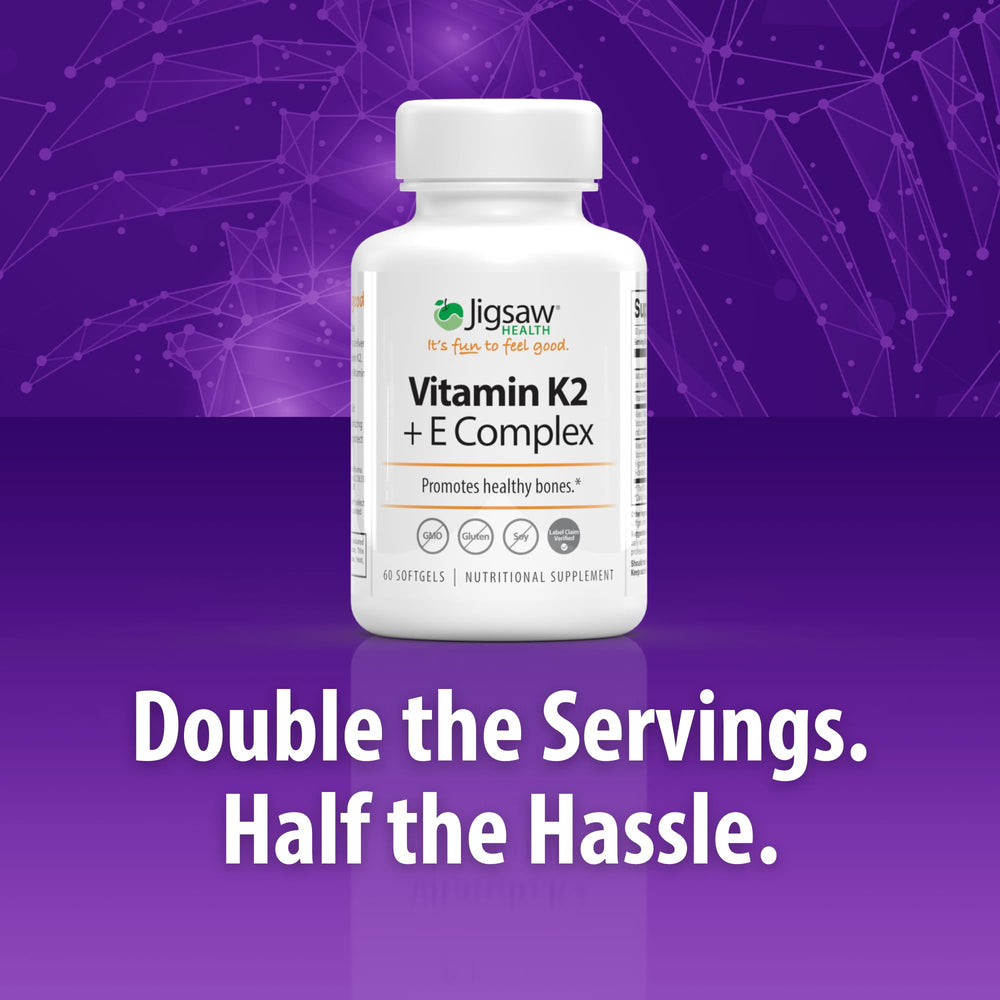 Jigsaw Health Vitamin K2 + E Complex label close-up highlighting MenaQ7 K2 for bone support.