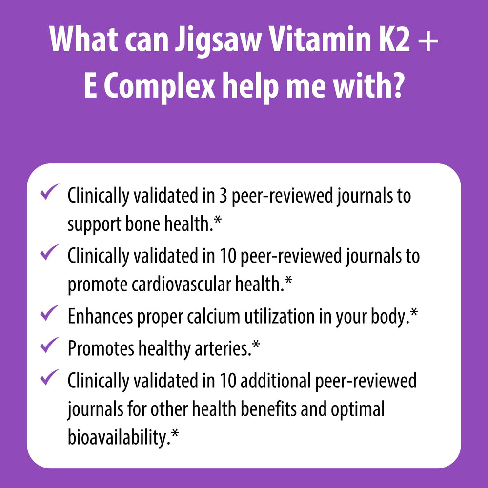 Jigsaw Health Vitamin K2 + E Complex nutrition panel; clear ingredient details.