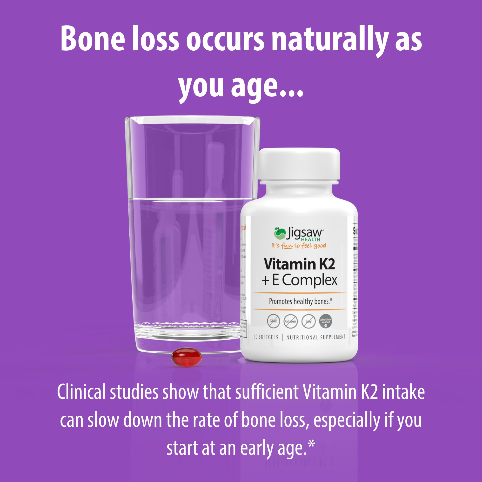 Jigsaw Health Vitamin K2 + E Complex packaging on countertop, value with 60-day supply.