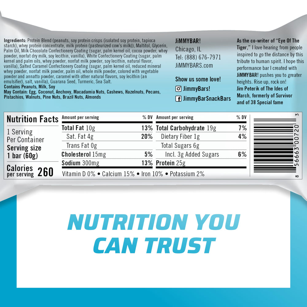 JimmyBar 25g protein bar closeup emphasizes high protein support for muscle recovery