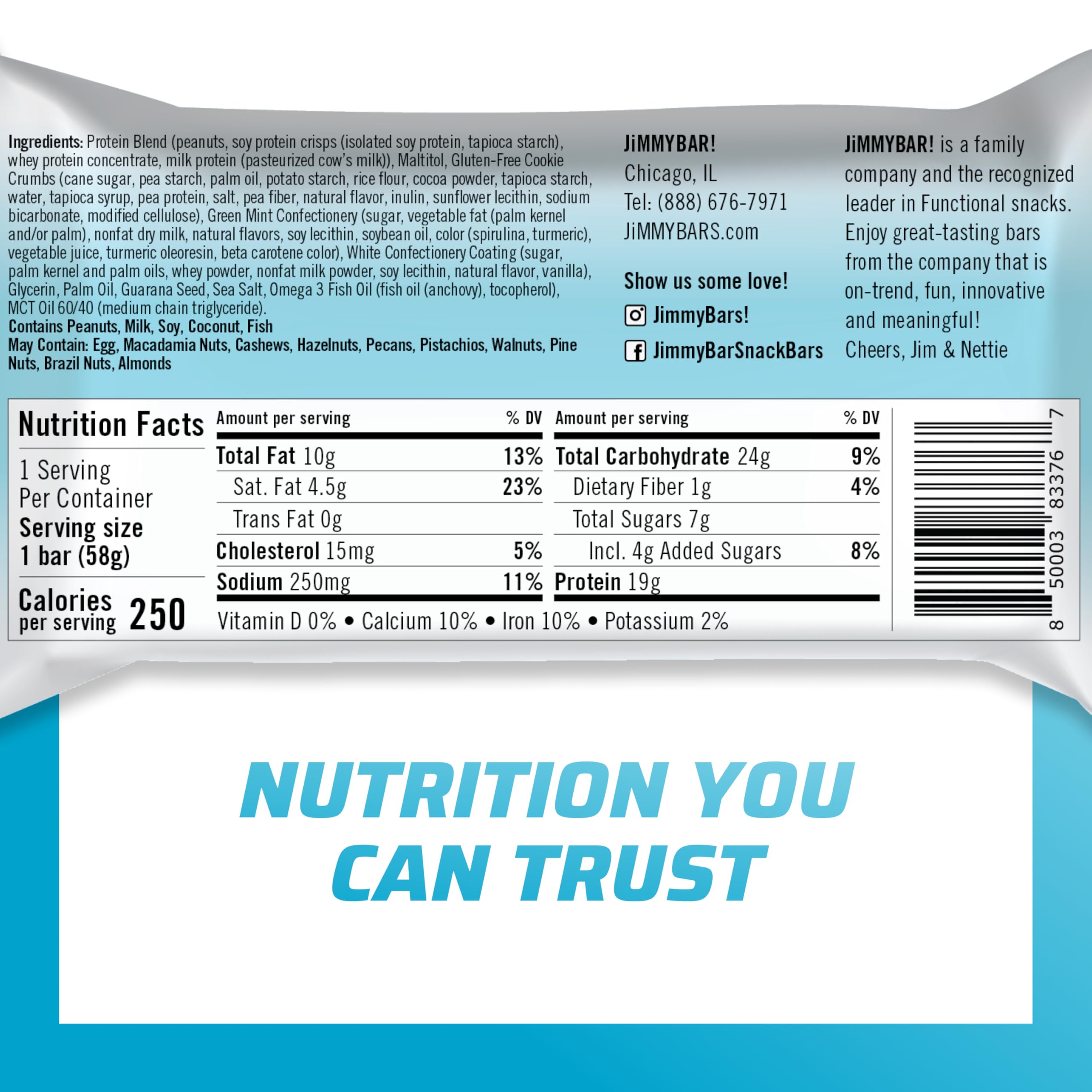 JiMMYBAR Mint Cookies N Cream cross-section reveals real peanut butter flavor.