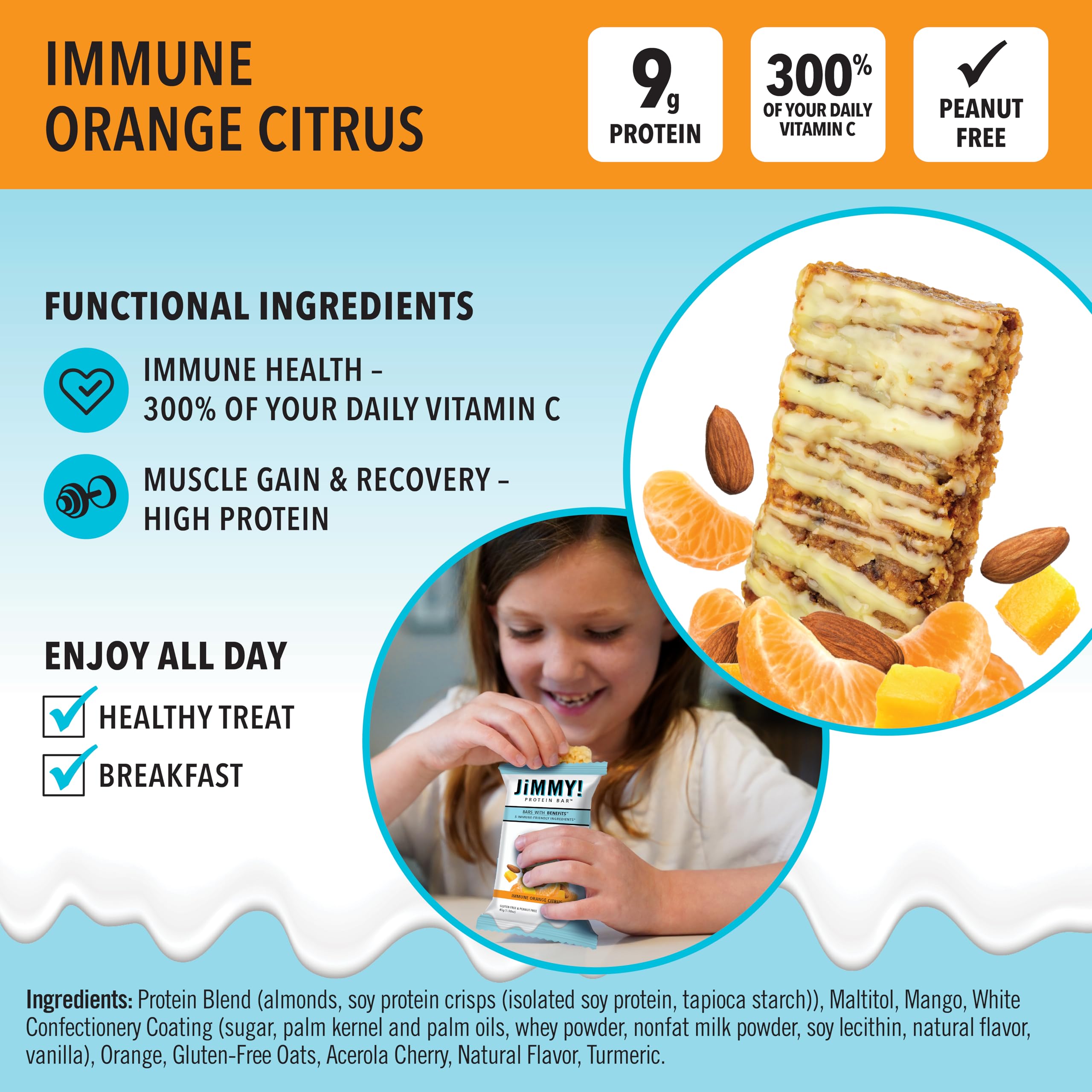 Jimmybar Immune Orange Citrus Blast bar break-open reveals chewy interior and real fruit hints.