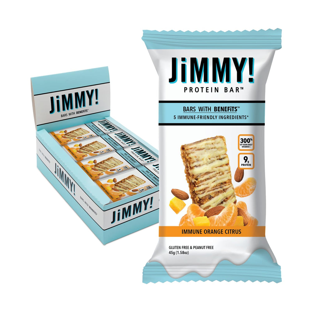 Jimmybar Immune Orange Citrus Blast packaging highlights bold branding and on-the-go nutrition.