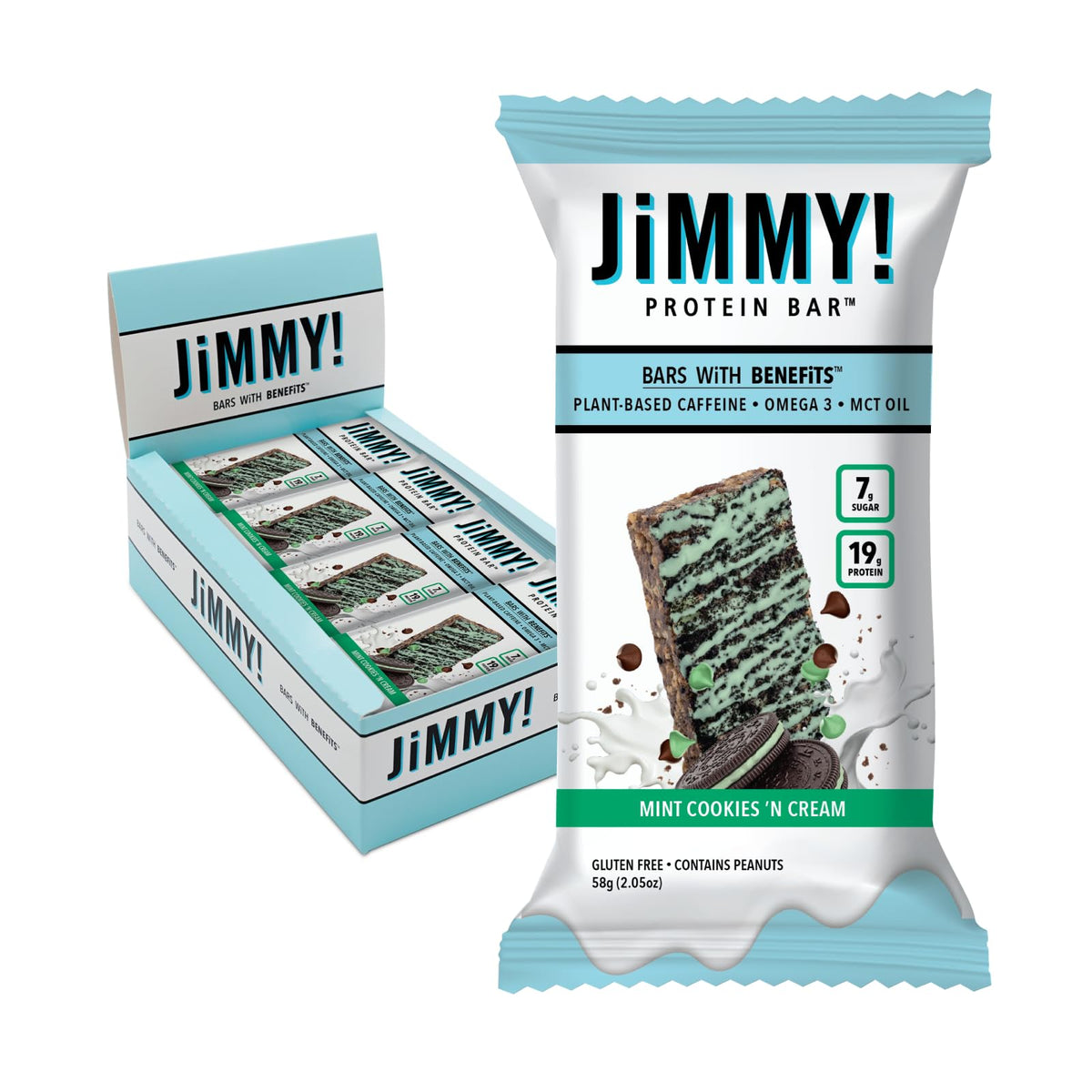 JiMMYBAR Mint Cookies N Cream bar surface shows texture for a protein snack.