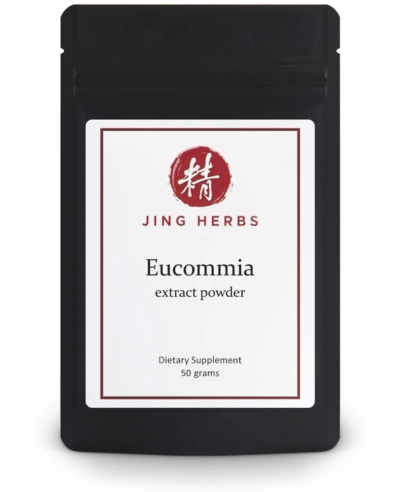 Jing Herbs Eucommia extract powder bag for daily use in a compact resealable package.