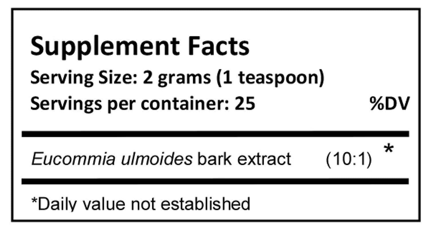 Close-up of Jing Herbs Eucommia bark extract powder label for easy storage and use.