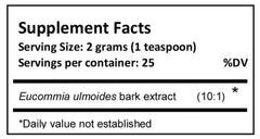 Close-up of Jing Herbs Eucommia bark extract powder label for easy storage and use.