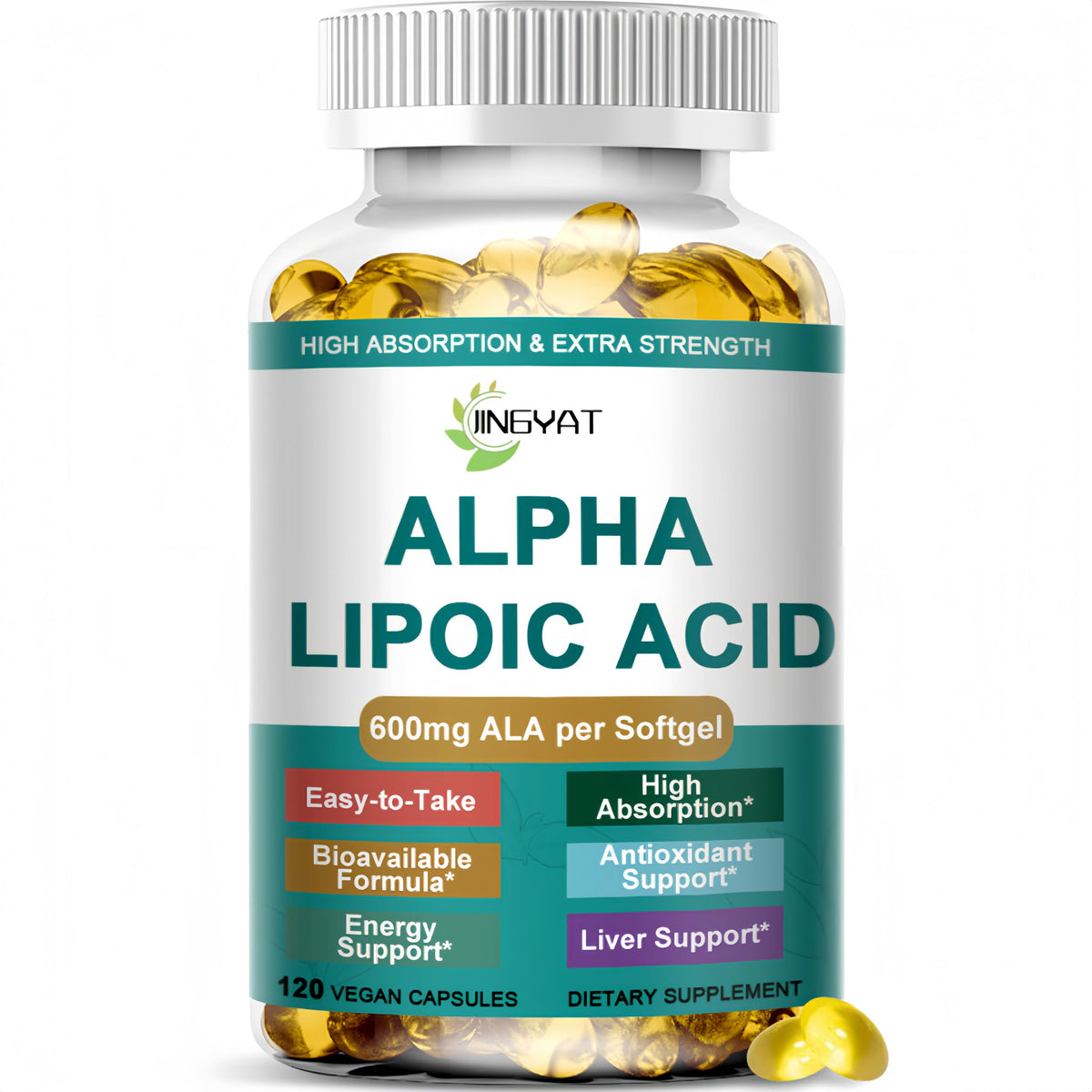 JINGYAT Alpha Lipoic Acid 600mg softgels bottle boosts cellular antioxidant protection for daily energy.