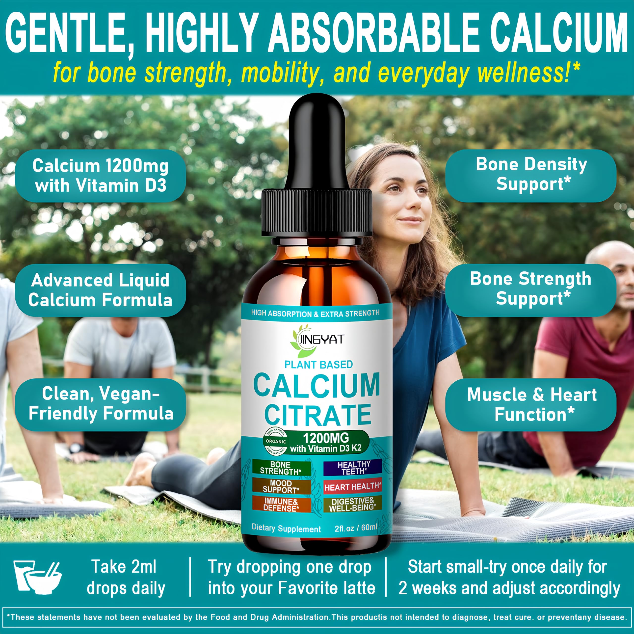 JINGYAT Calcium Drops in a glass of water showing quick mixing for intake
